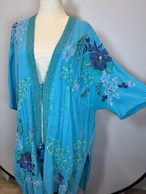 Chico’s Special Edition Embroidered Beaded Turquoise Ruana Duster Kimono S/M